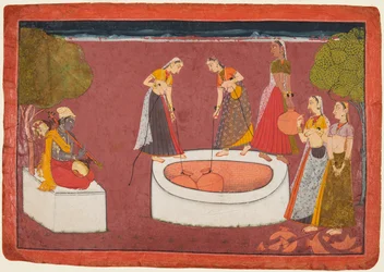 Madhava spielt seine Vina vor fünf Frauen, die Wasser aus einem Brunnen schöpfen, aus einem Madhavanala..., ca. 1700