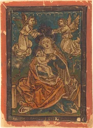 Madonna und Kind auf einer grasbewachsenen Bank mit Engeln, 1480-1490
