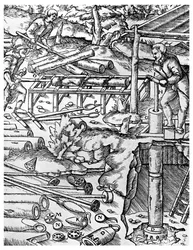 Herstellung und Verwendung von Ulmenbaum-Pumpen zur Entwässerung von Minen vor der Zeit der Dampfmaschine, 1556, 1956