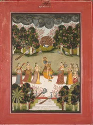 Malar Ragini: Krishna spielt die Flöte für sieben Gopis, die Musikinstrumente halten..., um 1760