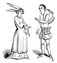 Männliche und weibliche Kostüme, um 1350, 1910