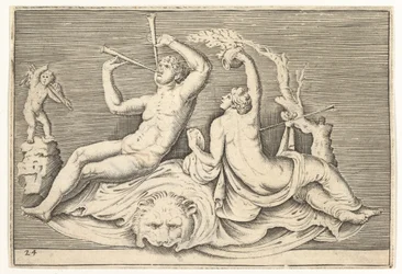 Mann, der zwei Flöten spielt, und Frau auf Löwenfell, veröffentlicht ca. 1599-1622