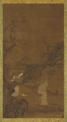 Mann und Frau genießen Pflaumenblüten, Ming- oder Qing-Dynastie