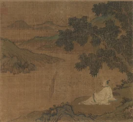 Mann auf einem Hügel unter einem Baum mit Blick auf einen Fluss, Ming-Dynastie