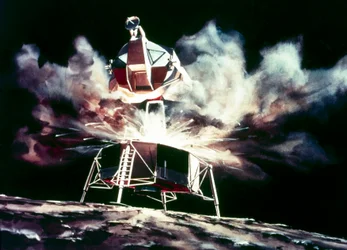Bemannter Raumflug, USA, Apollo, Künstlerische Darstellung des Mondmoduls beim Start vom Mond