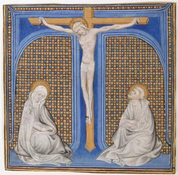 Manuskript-Illumination mit Kreuzigung in einer Initiale T, aus einem Messbuch, französisch