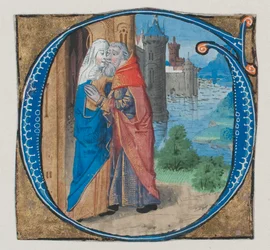 Manuskript-Illumination mit Joachim und Anna in einem Initial G, 15. Jahrhundert