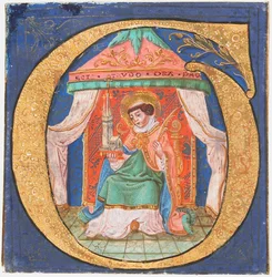 Manuskriptillumination mit St. Trudo Trond in einem Initial O, aus einem Chorbuch, 15. Jahrhundert