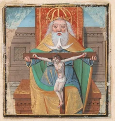 Manuskript-Illumination mit der Dreifaltigkeit, aus einem Stundenbuch, spätes 15. Jahrhundert