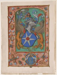 Manuskriptblatt mit Wappen, aus einem Stundenbuch, ca. 1500