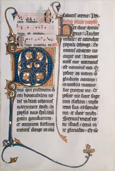 Manuskriptblatt mit Initiale M, aus einem Messbuch