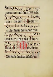 Manuskriptblatt mit Initiale M, aus einem Antiphonar, deutsch, zweites Viertel des 15. Jahrhunderts