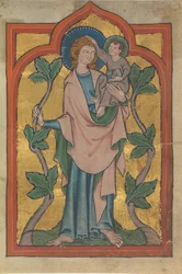 Manuskriptblatt mit dem Heiligen Christophorus, der Christus trägt, frühes 14. Jahrhundert