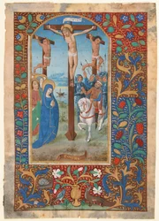 Manuskriptblatt mit der Kreuzigung, aus einem Stundenbuch (letztes Viertel des 15. Jahrhunderts)