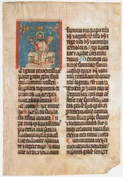 Manuskriptblatt mit der Heiligen Dreifaltigkeit in einem Initial T, aus einem Messbuch, ca. 1390