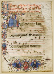 Manuskriptblatt mit der Heimsuchung in einem Initial A und Kardinal Adam Easton..., italienisch, ca. 1400