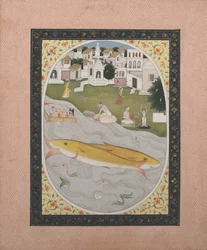 Manuskriptmalerei mit hinduistischer tantrischer Szene, die zwei Fische darstellt, 1800-1820