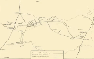 Karte zur Veranschaulichung der Bewegungen zur Entlastung von Kimberley und der Eroberung von Bloemfontein, 1901