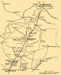 Karte mit den Vormarschlinien von Bloemfontein nach Pretoria, 1901