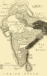 Karte von Indien, die britischen Besitzungen 1780, 1800 und heute zeigend