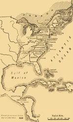 Karte von Nordamerika, Darstellung des Amerikanischen Unabhängigkeitskrieges, ca. 1785, 1890