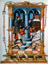 Maurer bauen eine Säule in einer Kirche, ca. 1525