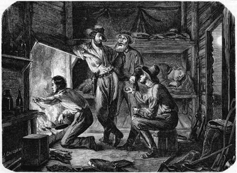 Bergleute in den kalifornischen Goldfeldern entspannen sich nachts in ihrer Blockhütte, 1853