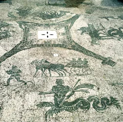Mosaik, Karren gezogen von Maultieren mit Reisenden, Cisarii, 1. Jahrhundert