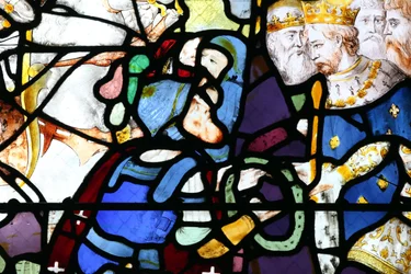 Kathedrale von Moulins. Glasfenster. Kreuzzüge. Heiliger Ludwig und die Dornenkrone, 20160603, Moulins, Europa