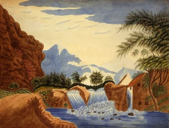 Bergszene und Wasserrad