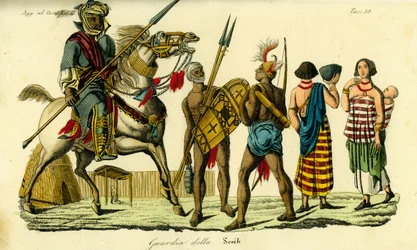 Berittener Leibwächter des Scheichs von Bornu zusammen mit Kanembu-Lanzenträger und Munga-Bogenschütze, Kanem-Bornu-Reich