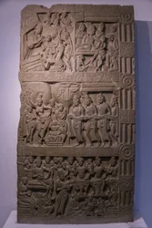Nationalmuseum von Indien, Delhi. Szenen aus Buddhas Leben. Ikshvaku, 3. Jahrhundert n. Chr. Nagarjunakonda, Andhra Pradesh. Grauer Kalkstein. (Detail). Indien.