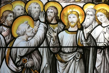 Kirche Notre Dame de Beaune, Glasfenster: Heiliger Petrus protestiert gegen seine Treue zu Christus, Beaune, Frankreich