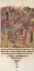 Novgorod veche. Novgoroder plündern den Hof des Posadnik. Aus der Illuminated Compiled Chronicle