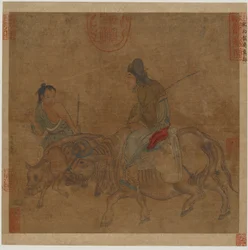 Alte Frau auf einem Ochsen, mit Hirtenjunge und Kalb, möglicherweise Ming-Dynastie, 1368-1644