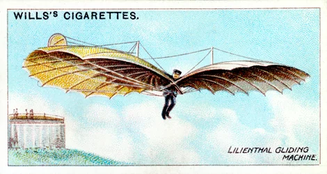 Otto Lilienthal, deutscher Gleitflugpionier und Luftfahrterfinder, beim Flug mit einem seiner Gleiter
