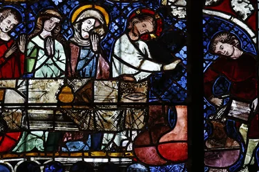 Unsere Liebe Frau von Straßburg Kathedrale. Buntglasfenster. Die Verwandlung von Wasser in Wein bei der Hochzeit zu Kana. 14. Jahrhundert. Straßburg. Frankreich.