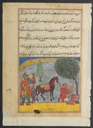 Seite aus Geschichten eines Papageis Tuti-nama: Achte Nacht: Der Liebhaber-Sohn macht einen Elefanten, ca. 1560