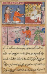 Seite aus den Geschichten eines Papageis Tuti-nama: Achte Nacht: Der Prinz kehrte an den Ort zurück..., um 1560