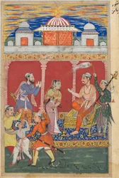 Seite aus Geschichten eines Papageis Tuti-nama: Achte Nacht: Die Prüfung des Prinzen geht weiter..., ca. 1560