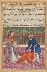 Seite aus den Geschichten eines Papageis Tuti-nama: Fünfzigste Nacht: Der Wächter stellt den Sohn wieder her, ca. 1560