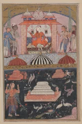 Seite aus den Geschichten eines Papageis Tuti-nama: Erste Nacht: Der Kaufmann hört, ca. 1560