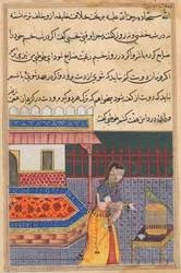 Seite aus den Geschichten eines Papageis Tuti-nama: Einundvierzigste Nacht: Der Papagei spricht zu Khujasta..., ca. 156