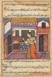 Seite aus Geschichten eines Papageis Tuti-nama: Dreiundvierzigste Nacht: Der Papagei spricht zu Khujasta, ca. 1560
