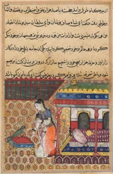 Seite aus Geschichten eines Papageis Tuti-nama: Achtunddreißigste Nacht: Der Papagei spricht Khujasta an, ca. 1560