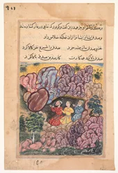 Seite aus Geschichten eines Papageis Tuti-nama: Zweiunddreißigste Nacht: Die Geschichte der drei Männer..., ca. 1560