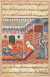 Seite aus Geschichten eines Papageis Tuti-nama: Sechsunddreißigste Nacht: Der König träumt von einer Dame..., ca. 1560