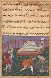 Seite aus Geschichten eines Papageis Tuti-nama: Dreiunddreißigste Nacht: Hören ihrer Liebeserklärung, ca. 15. Jahrhundert