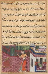 Seite aus den Geschichten eines Papageis Tuti-nama: Dreiunddreißigste Nacht: Der Papagei spricht Khujasta an..., ca. 15