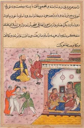 Seite aus Geschichten eines Papageis Tuti-nama: Zwanzigste Nacht: Drei Freier kämpfen..., ca. 1560